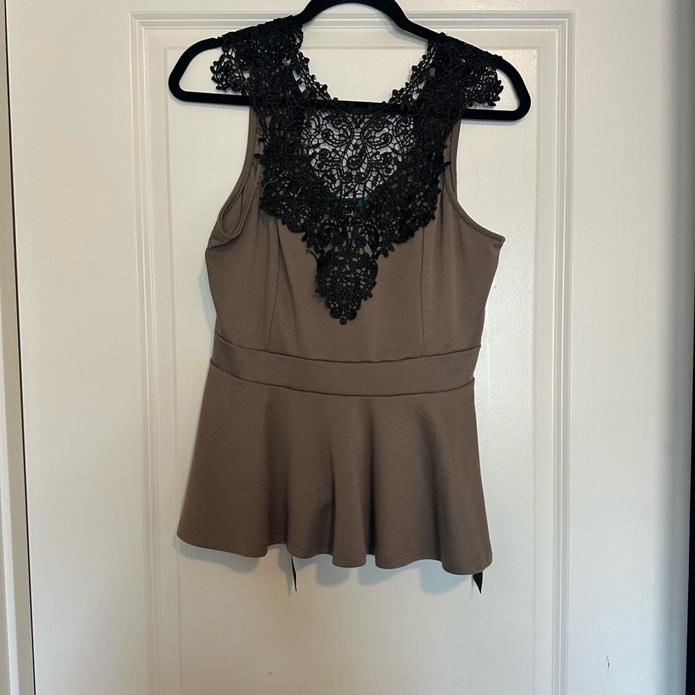 Julie's Closet Black Lace Brown Peplum Blouse